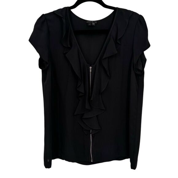 Theory 100% Silk Zip Front Ruffle Short Sleeve Top Black Size Large - Picture 1 of 8